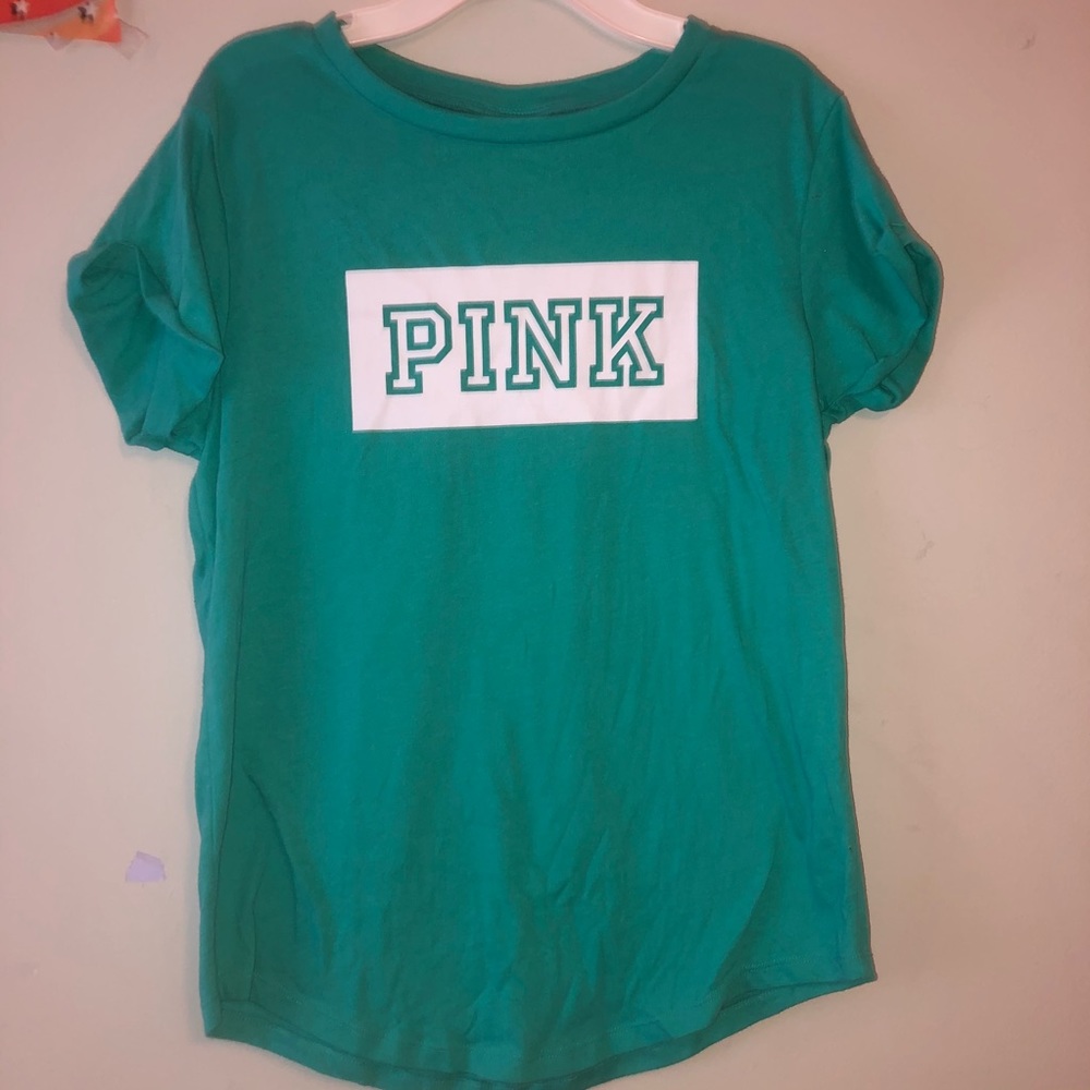 PINK, green cotton T-shirt